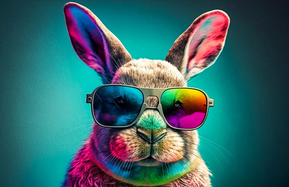 Królik w kolorowych, odblaskowych okularach przeciwsłonecznych z neonowym blaskiem. Żywe kolory w tle tworzą zabawną, modną atmosferę.
